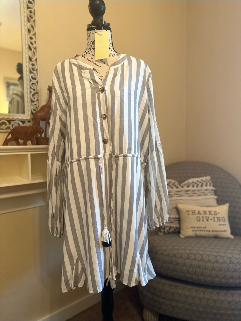 Pink Lily Cream and Gray Striped Dress
